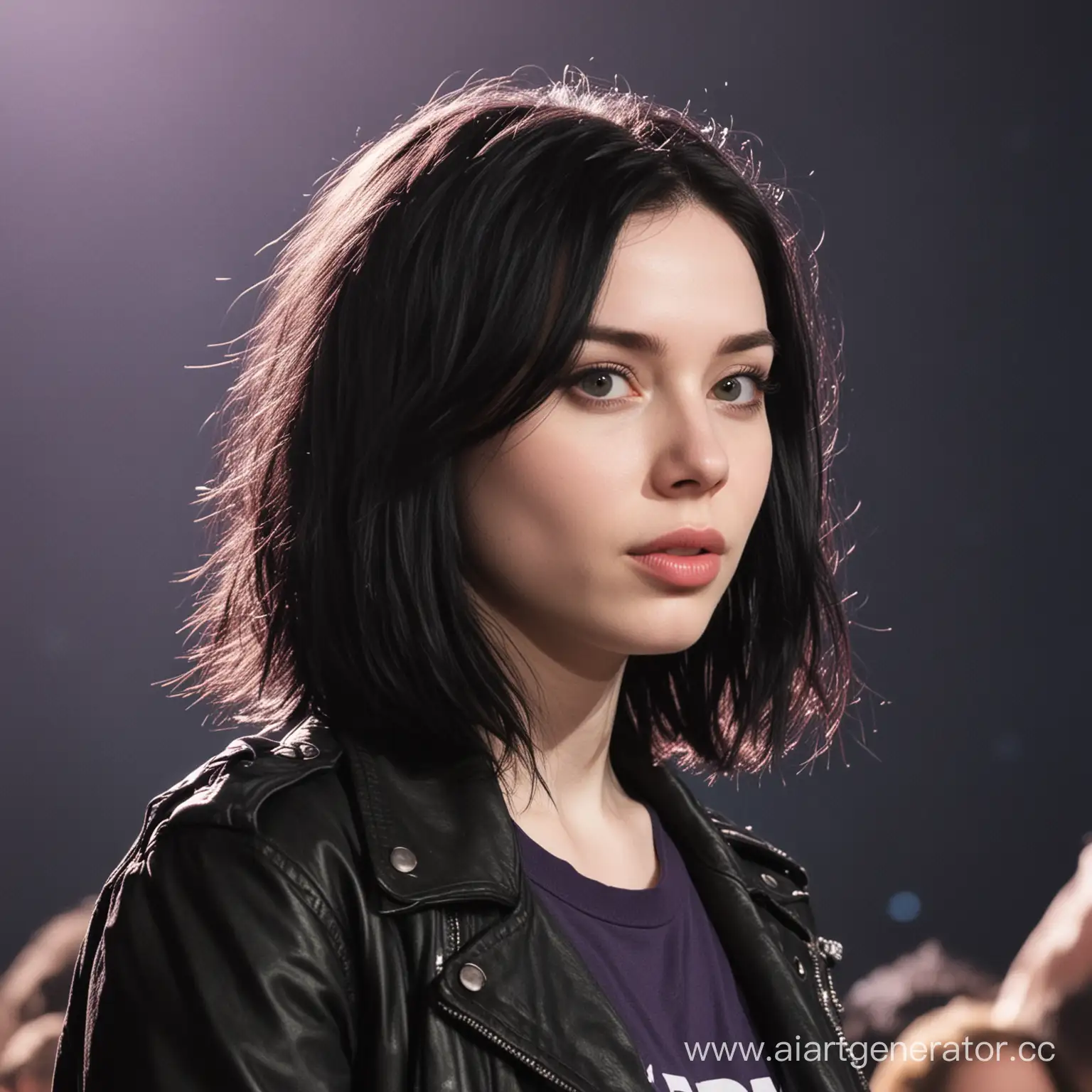 A girl with shoulder-length black hair and pale skin. He was wearing a dark purple T-shirt and a black jacket. At a rock concert