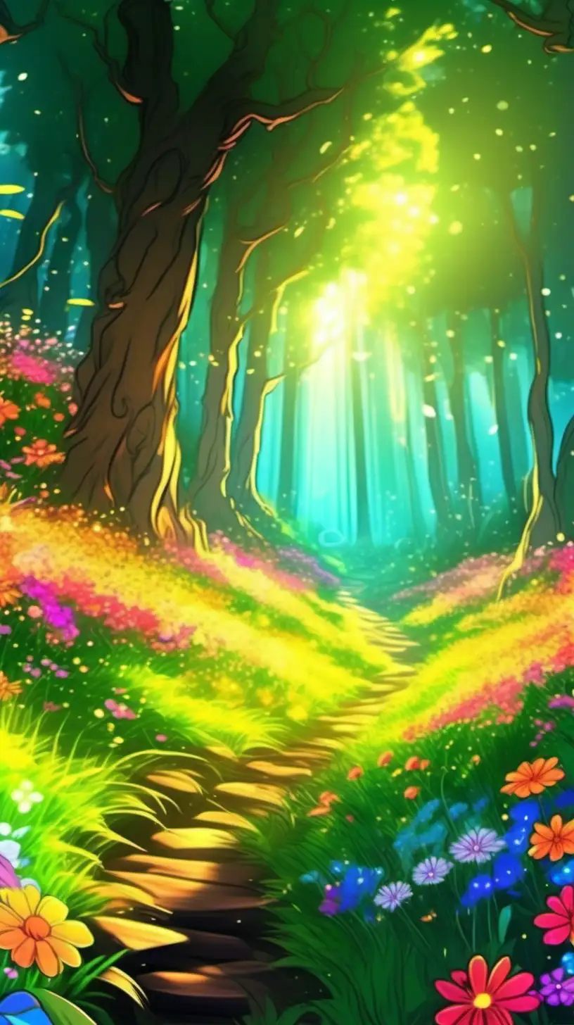 In beautiful cartoon style, an image of enchanting forest with a meadow with flowers and and a lot of warm sunlight with vivid colors and lively details, ultra hd, cartoon anime, vivid colors, highly detailed, perfect composition, beautiful detailed intricate insanely detailed perfect light