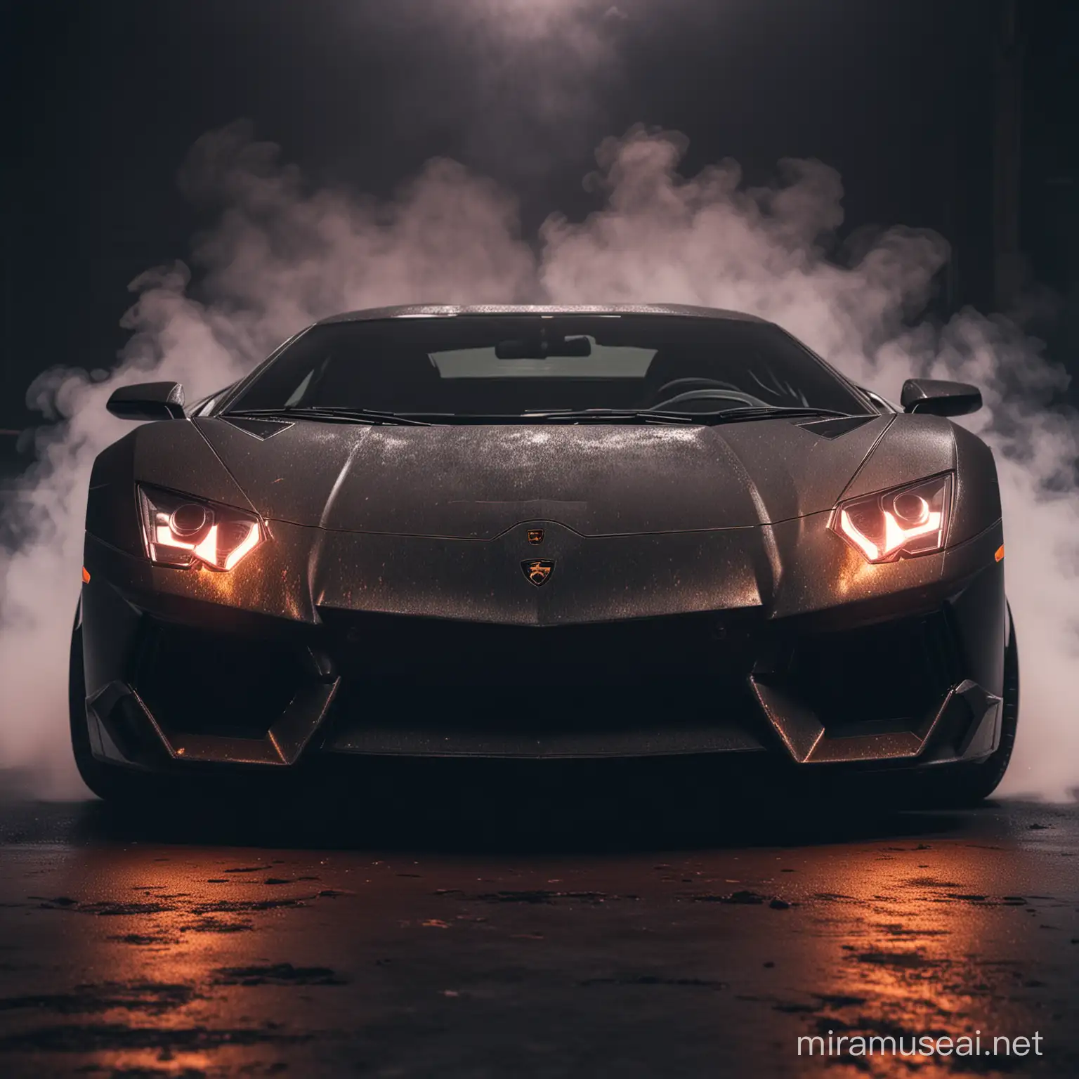 Ultra Realistic Lamborghini Aventador Front End View in Dark Neon Cinematic Lighting and Thick Smoke