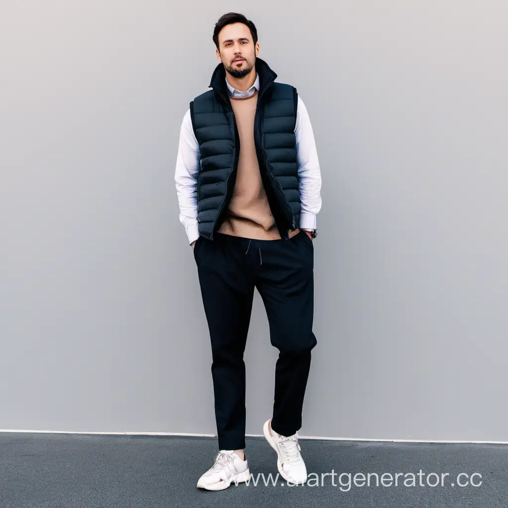 мужчина  XL одет в стиле минимализм в теплом жилете брюках и кедах
