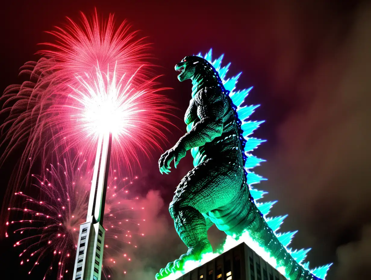 Godzilla climbing the TransAmerica building red blues & green fireworks 