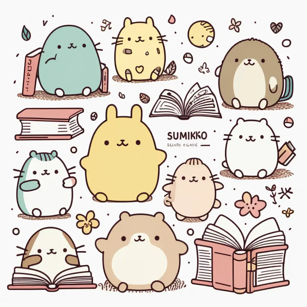 several doodles in the style of sumikko gurashi , isolated on white background, school reading theme in boho colours. 