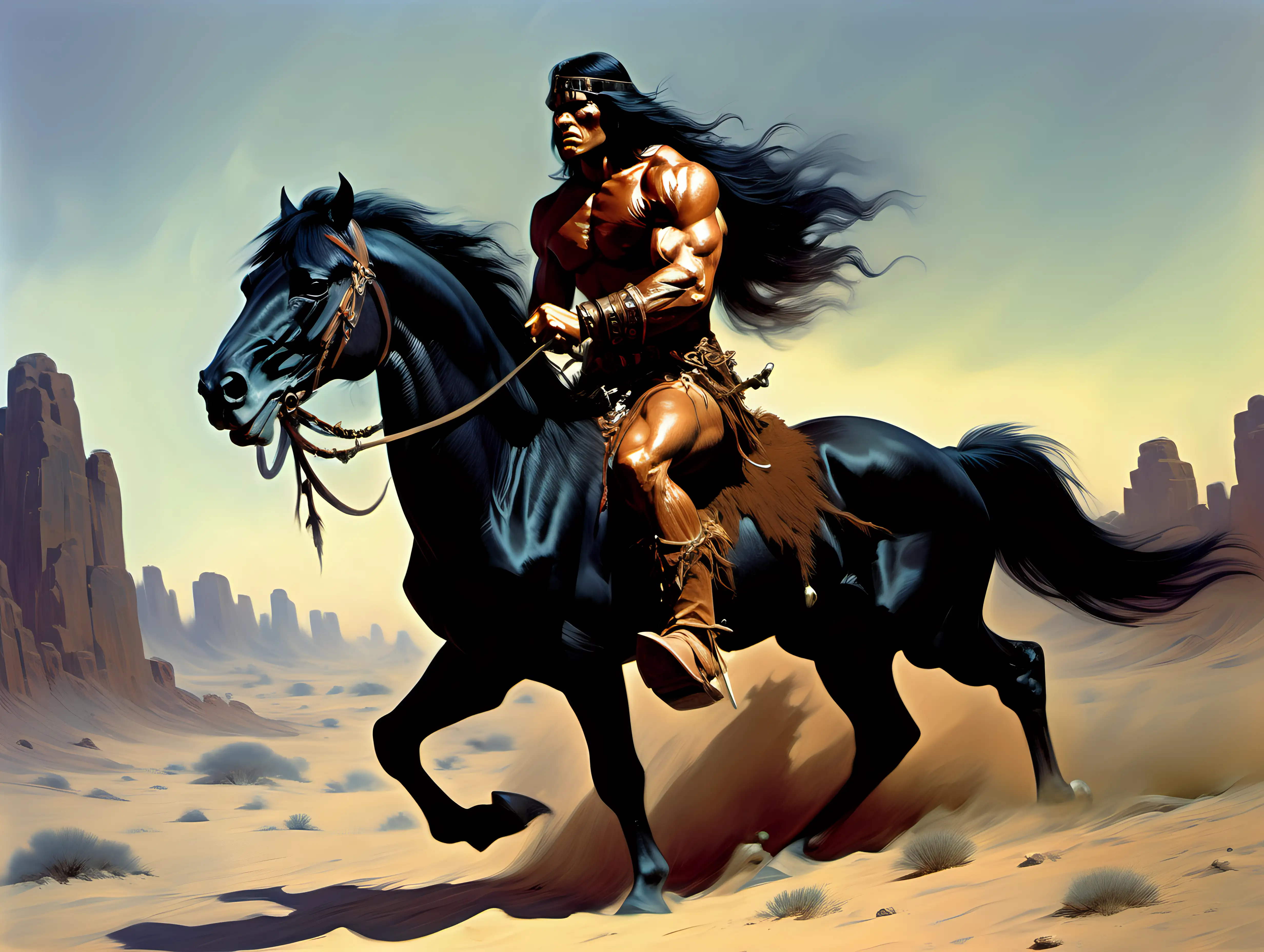 conan the barbarian riding a black Arabian horse in the desert Frank Frazetta style