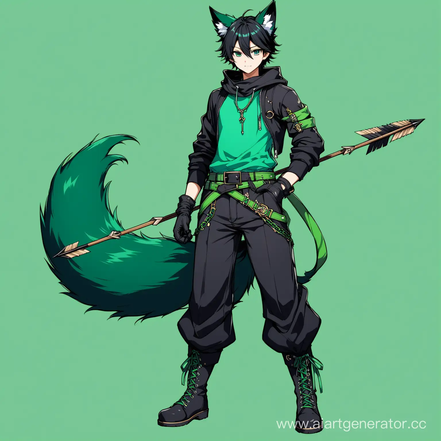Stylish-Young-Fox-Hybrid-Archer-in-Black-and-Green-Attire-with-Bow-and-Arrows
