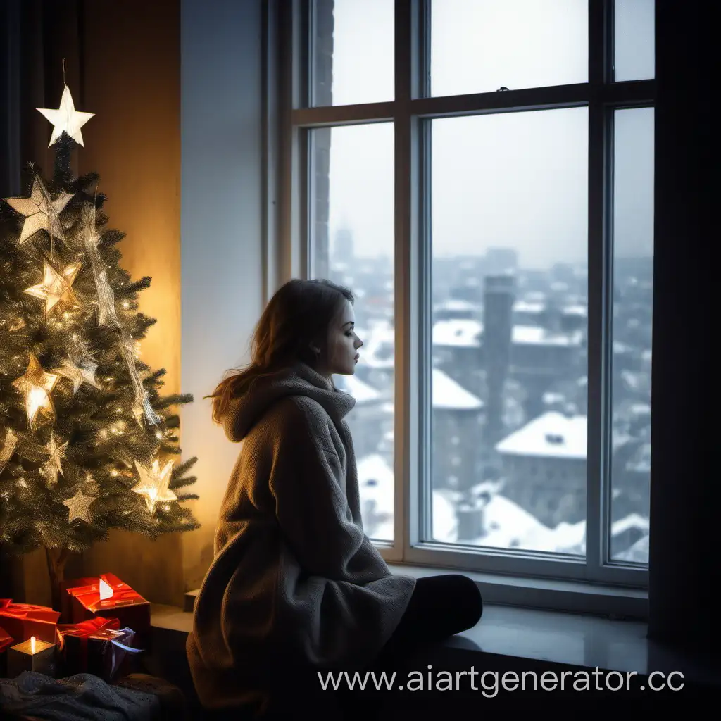 Одинокая девушка у окна на Новый год, елка, камин, город, сидит у окна, профиль, 