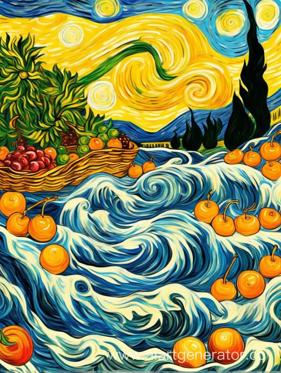 make a drawing in the style of Van Gogh. The whirlpool of fruits in nature