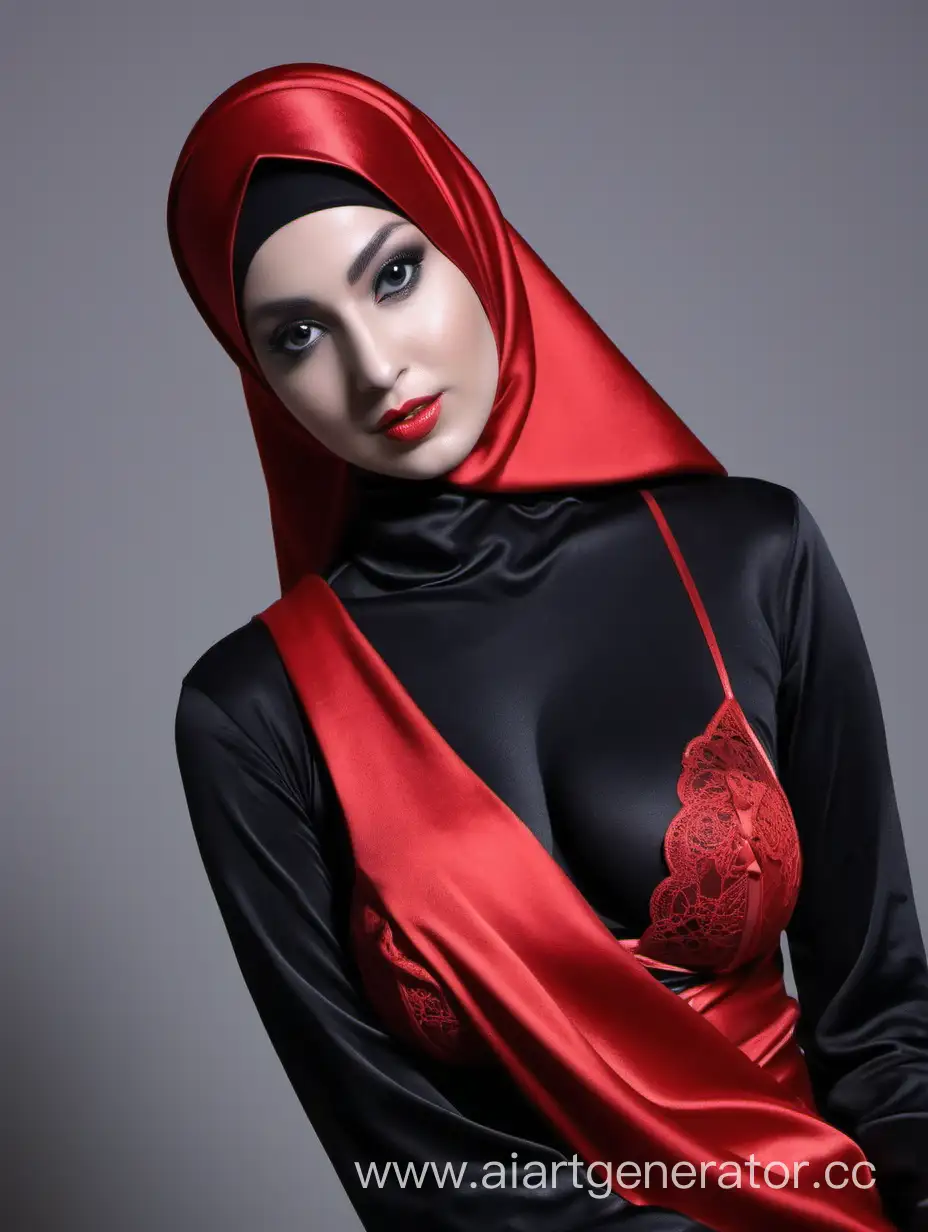 Sensual-Elegance-Red-Lingerie-and-Black-Satin-Hijab-Fashion