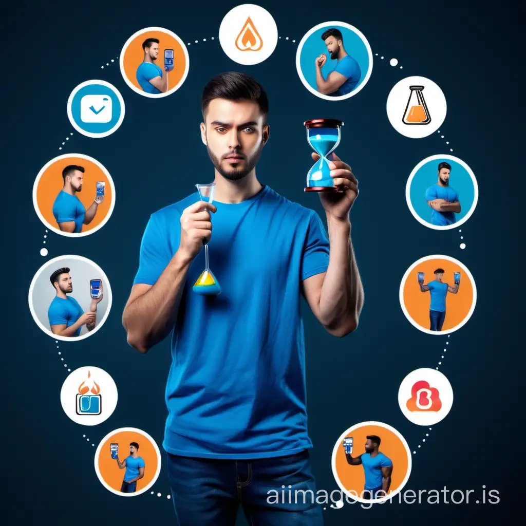 An image showing confident male in blue casual clothes, holding an hour glass, staring at it, in a photo studio surrounded by icons that represent the habits like job, gym, instagram, whatsapp, mobile gaming, cooking, sleeping.