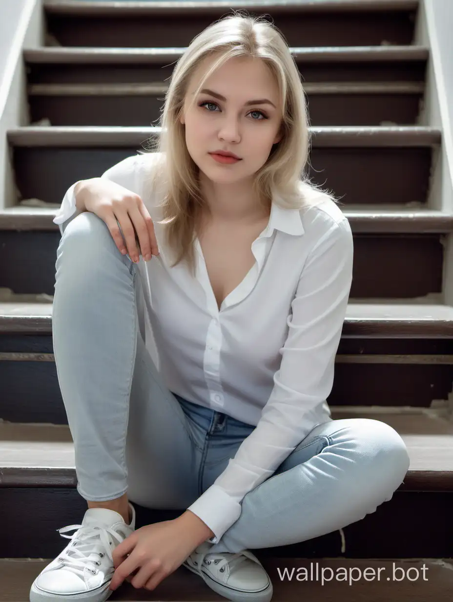 Maquillaje delicado, Chica rusa joven de 29 años, rubio ceniza, ojos claros, rostro angelical con pechos medianos, luciendo una camisa blanca y pantalón de jean con zapatillas grises, sentada en una escalera., vista de cuerpo completo.
