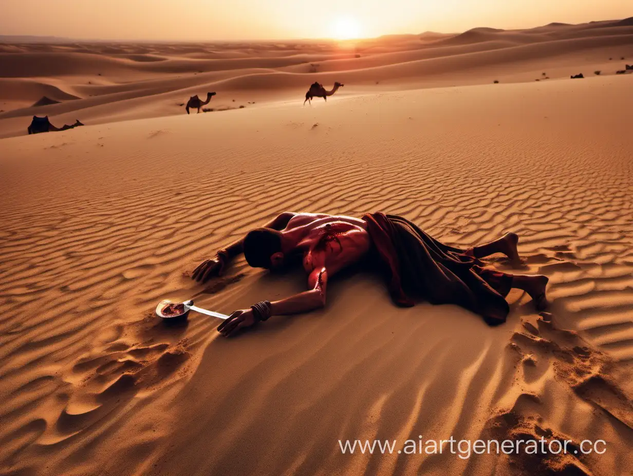 пустыня. закат на земле тело молодого умирающего мужчины он лежит на животе в восточной одежде. Пальцы в песке. в спине нож и кровь. Вдали девушка на верблюде