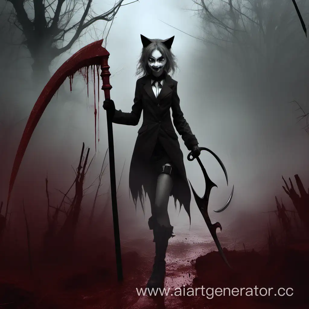 Eerie-Girl-with-Sinister-Grin-Scythe-and-Cat-Features-in-BloodDrenched-Atmosphere