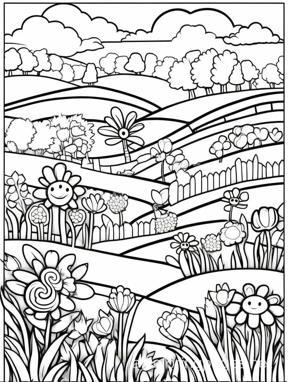 happy friendly SPRING FLOWERS IN THE COUNTRYSIDE MEADOW coloring book page for kids, Coloring Page, black and white, line art, white background, Simplicity, Ample White Space. The background of the coloring page is plain white to make it easy for young children to color within the lines. The outlines of all the subjects are easy to distinguish, making it simple for kids to color without too much difficulty, Coloring Page, black and white, line art, white background, Simplicity, Ample White Space. The background of the coloring page is plain white to make it easy for young children to color within the lines. The outlines of all the subjects are easy to distinguish, making it simple for kids to color without too much difficulty
