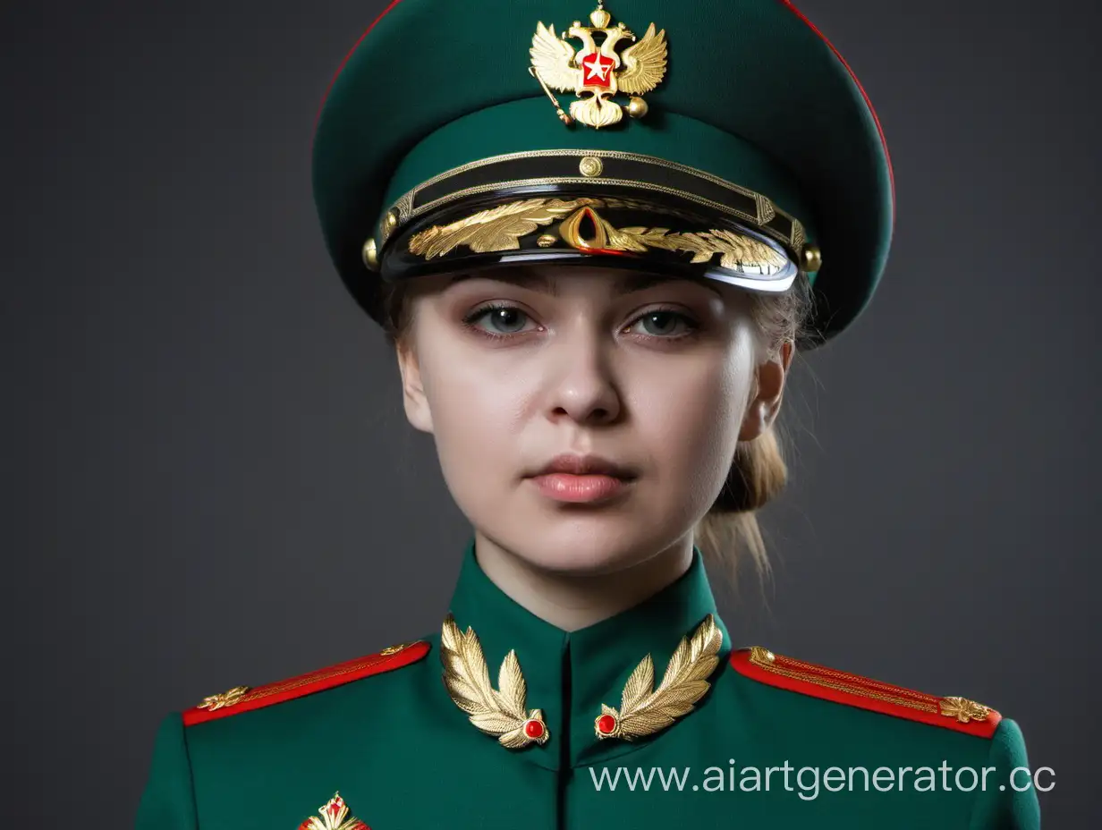 Russian-Girl-in-Traditional-Green-Uniform-Stands-Proudly