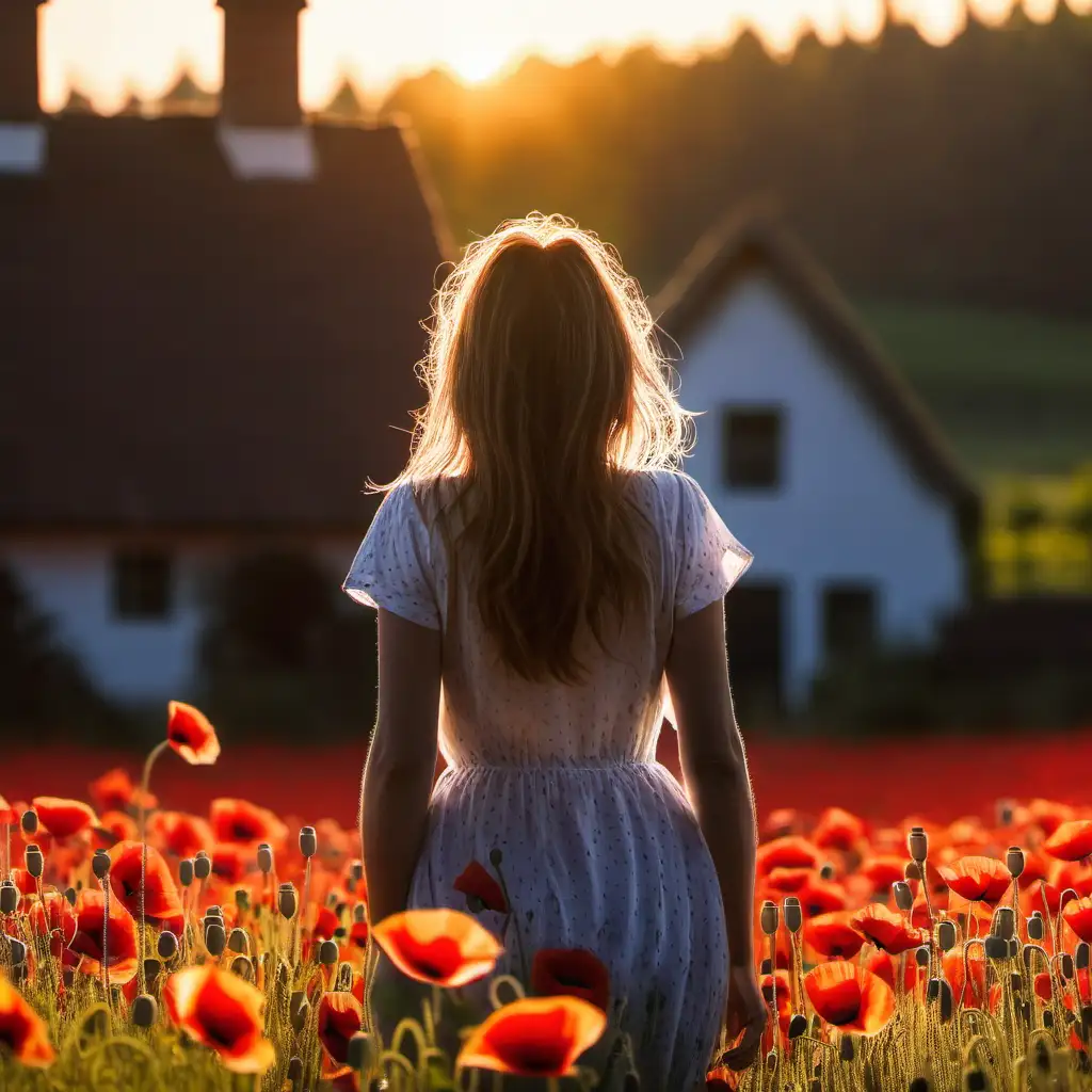Woman Enjoying Backlit Poppy Field Near Cottage