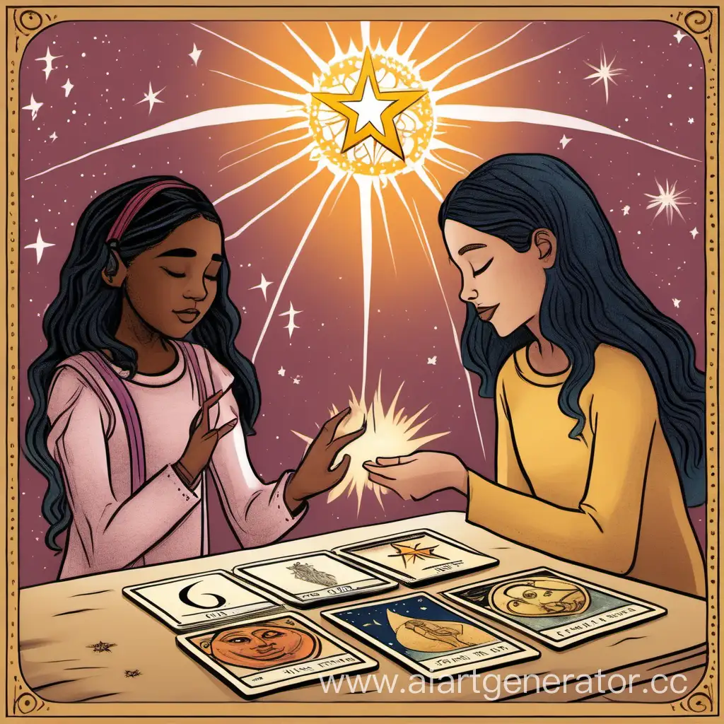 Olivia is making tarot card spread, while Maya is listening to her. Maya drew three cards such as The Sun, The Strenngth and The Star