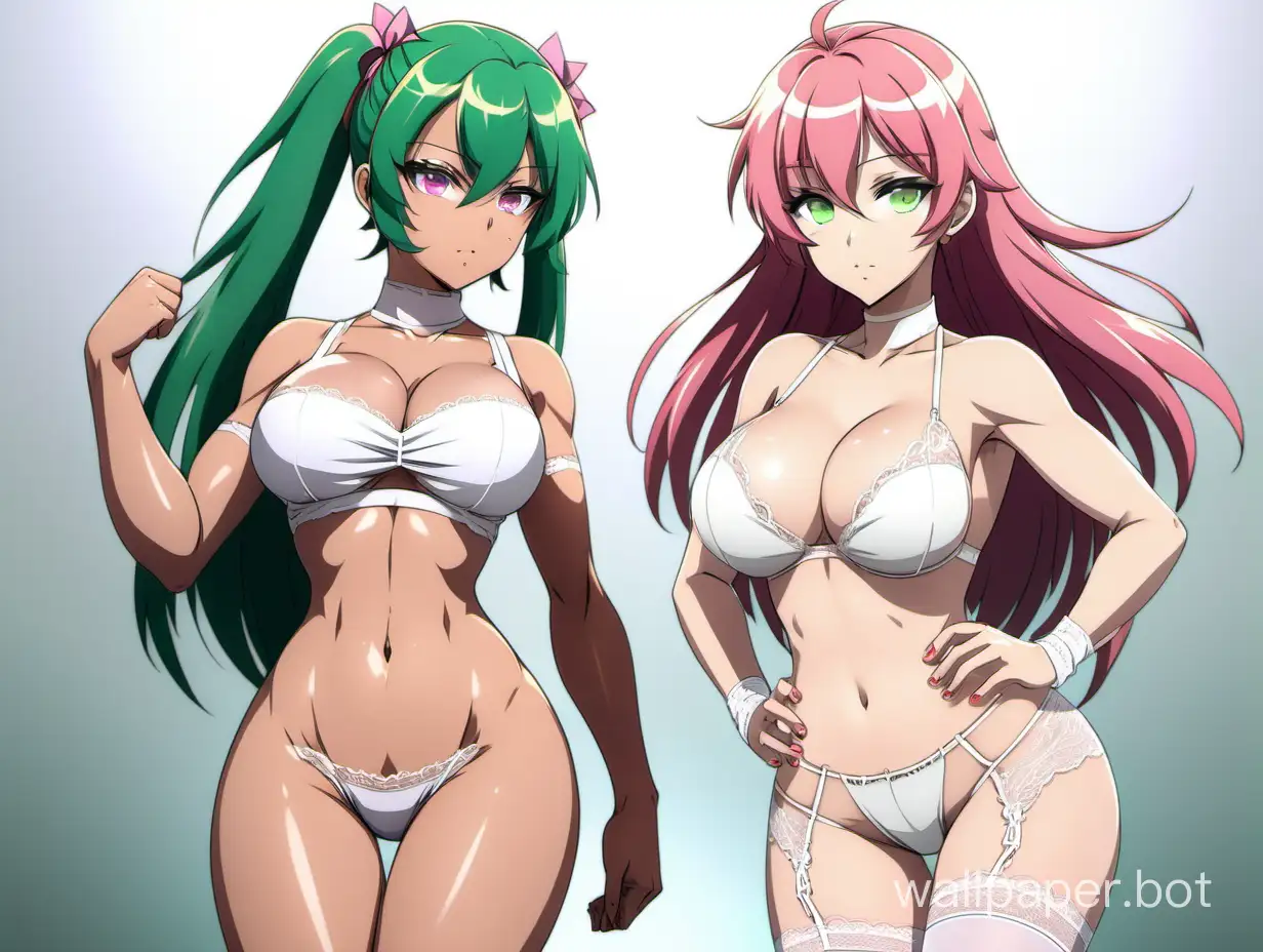 Muscular-Anime-Characters-in-White-Lingerie-Dynamic-Duo-with-Green-and-Pink-Hair