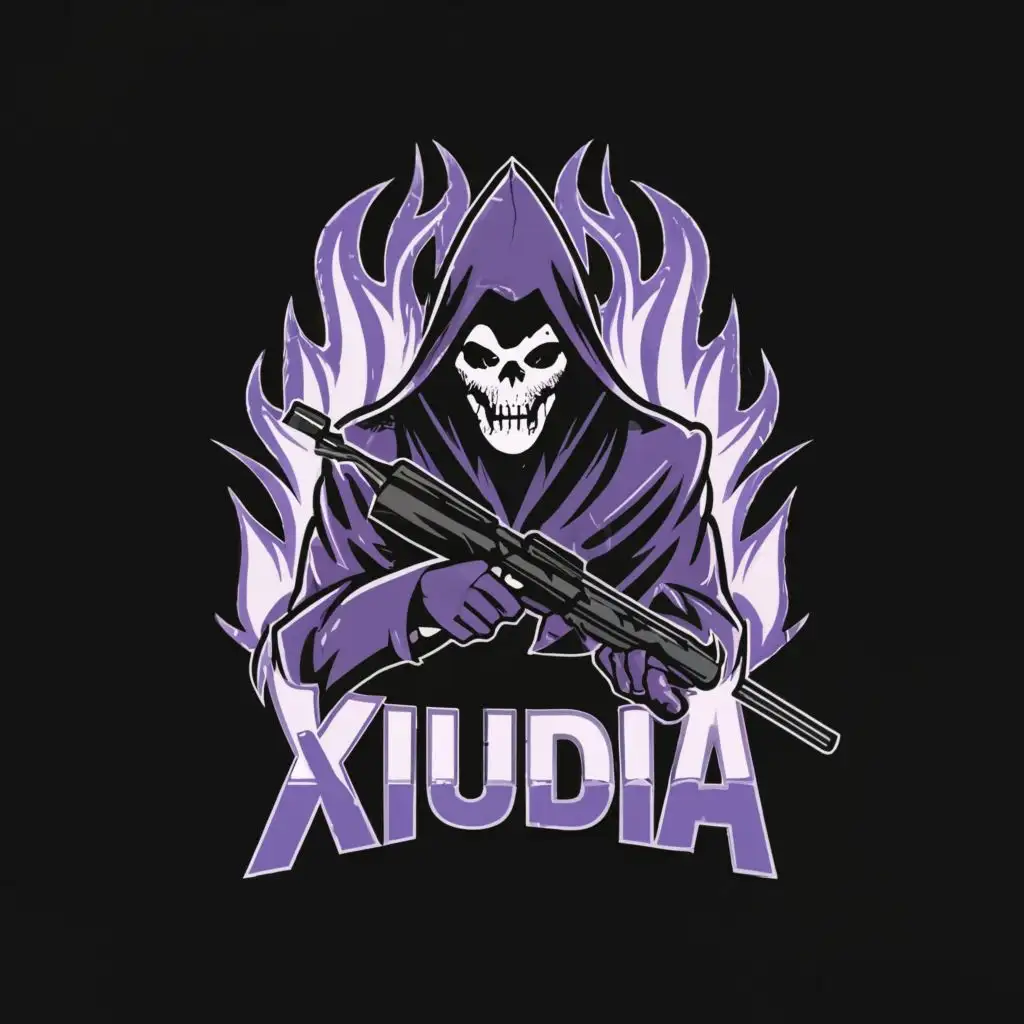 logo, Grim reaper with a gun, 
 purple flames, with the text "Xiudia", typography