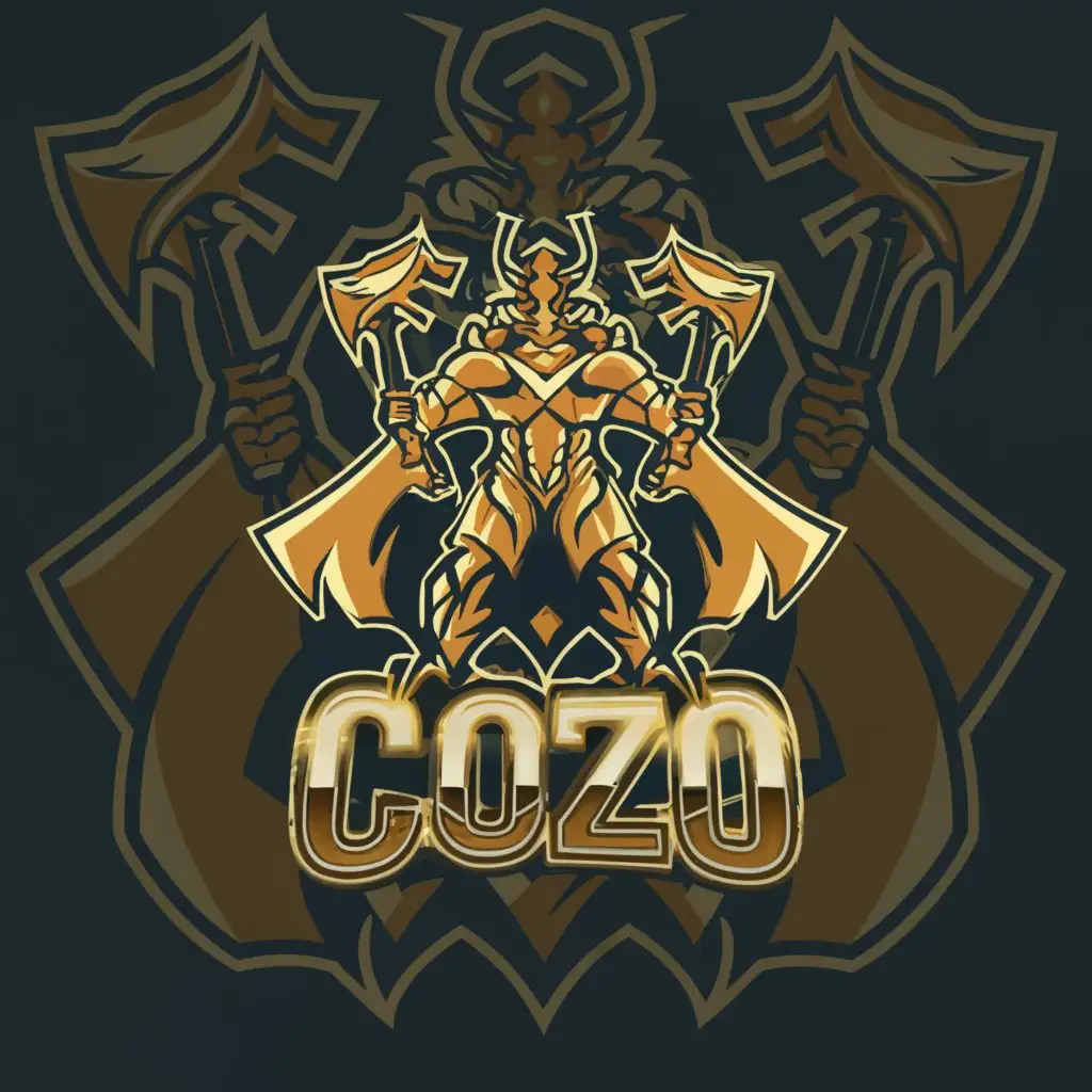 a logo design,with the text "Cozo", main symbol:warrior with 2 big axes golden,complex,clear background