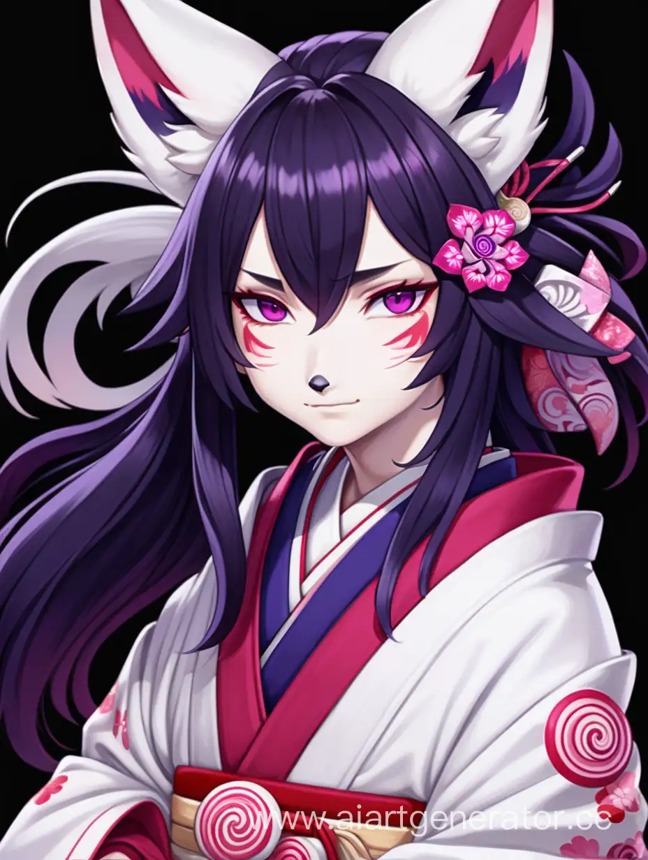 ((A boy kitsune)), ((dark purple long hair)), ((bright pink eyes with white pupils)), ((bright pink spirals on cheeks)), ((white fox ears)), ((two white fox tails)), ((red kimono)), ((a sly look))