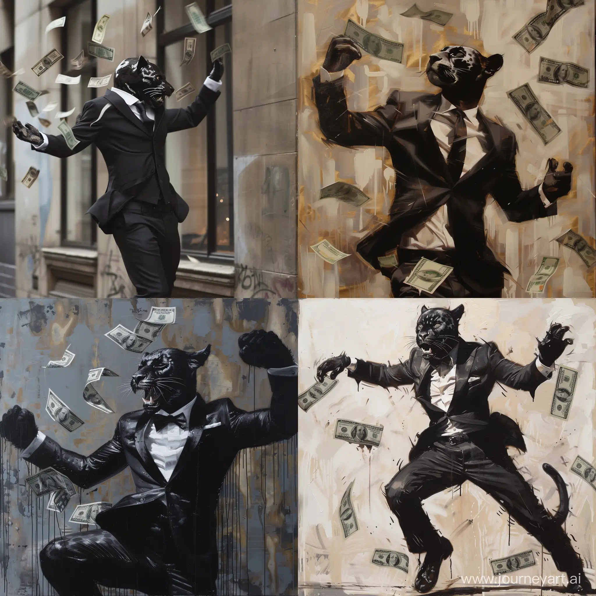 street style ,NFT art , panther in a black suit throwing out dollars