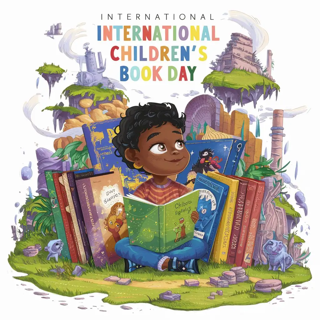 international children's book day poster illustration, a multiracial child with wonderful children books surrounding her/him, mythical and adventurous, white background