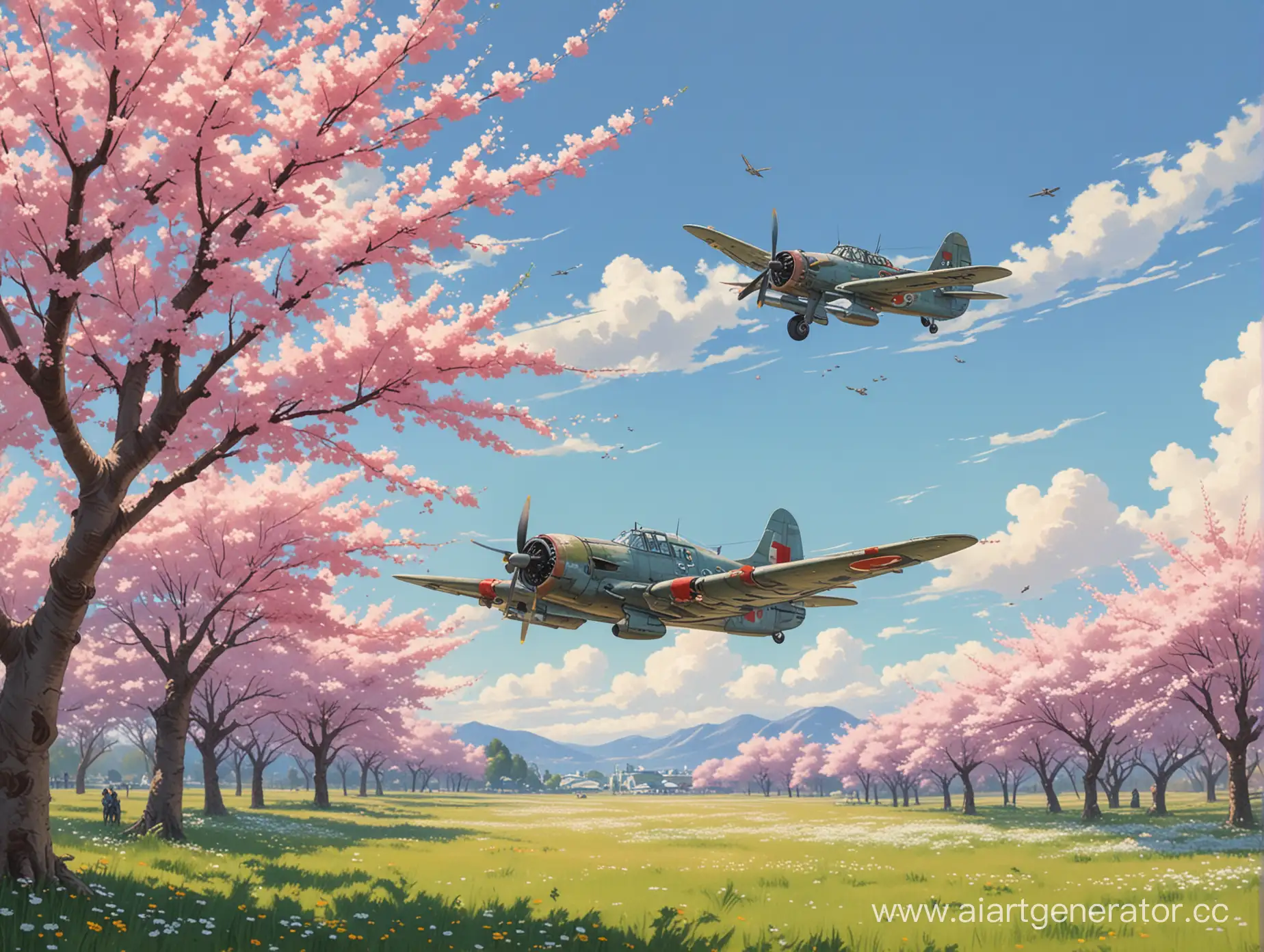 Cherry-Blossom-Meadow-with-Vintage-Plane-Soaring-in-MiyazakiInspired-Anime-Style