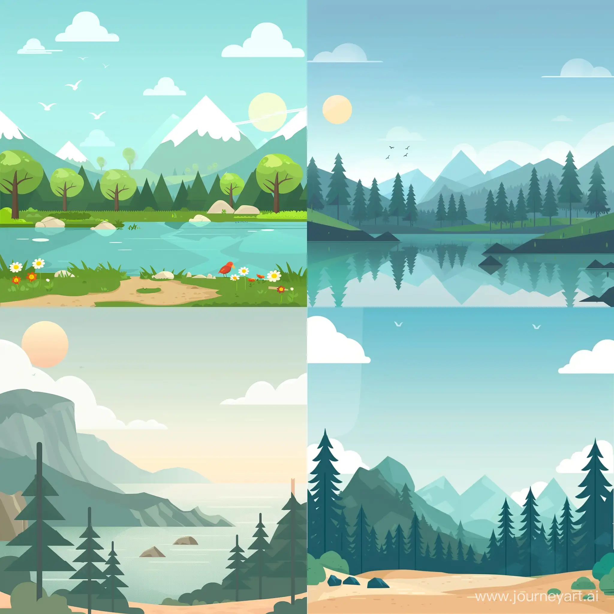 beautiful and minimalistic landscape, in flat style, high quality details