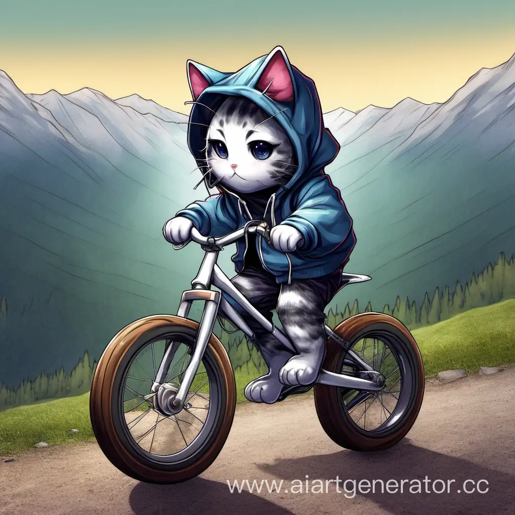 котик в худи на велосипеде в горах.