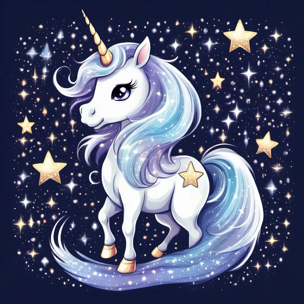 in cute cartoon style, a magnificent unicorn with a shimmering silver mane and a horn that sparkled like the stars.