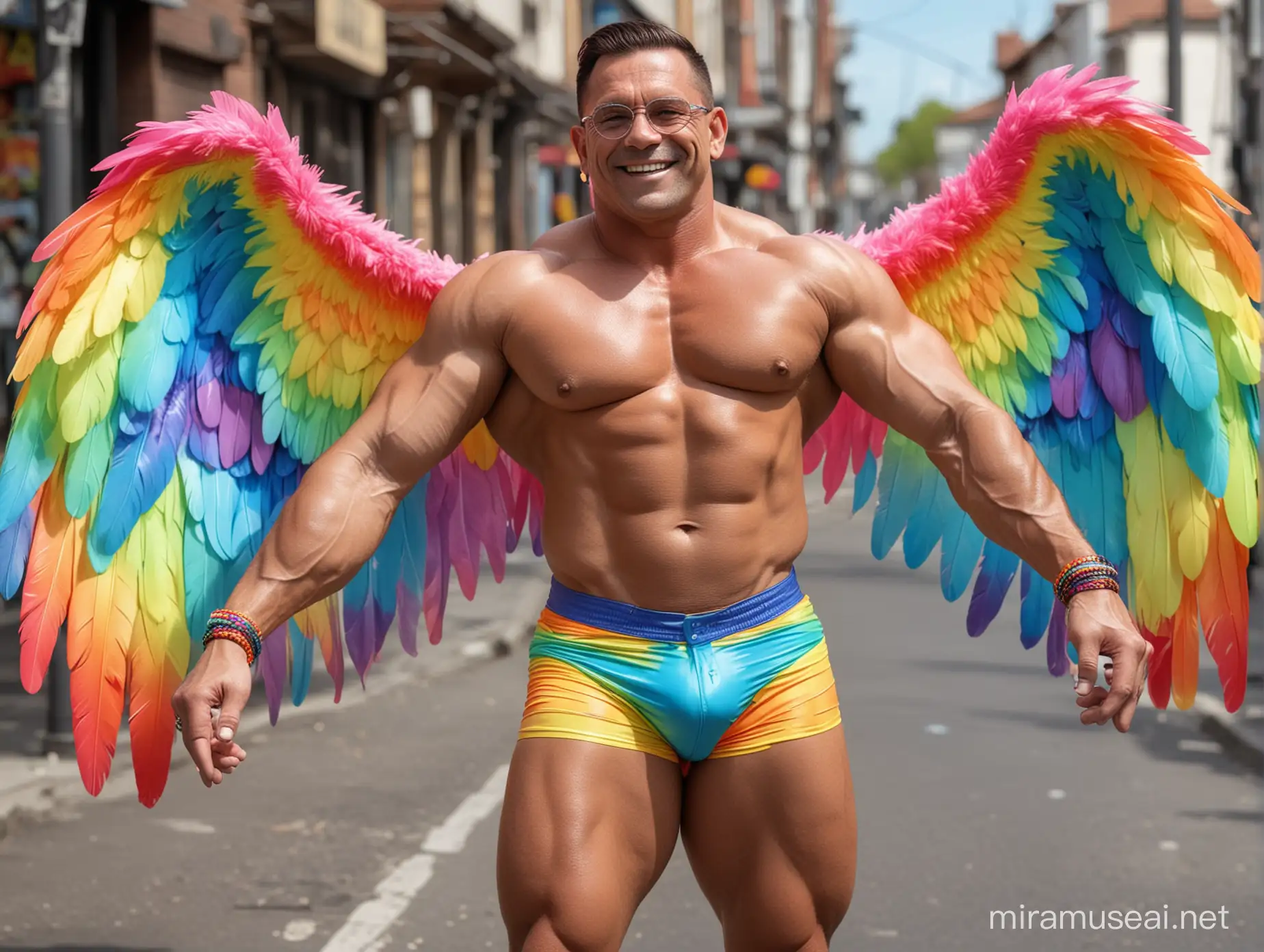 Muscular 40s Bodybuilder Flexing in Rainbow Colored Eagle Wings Jacket