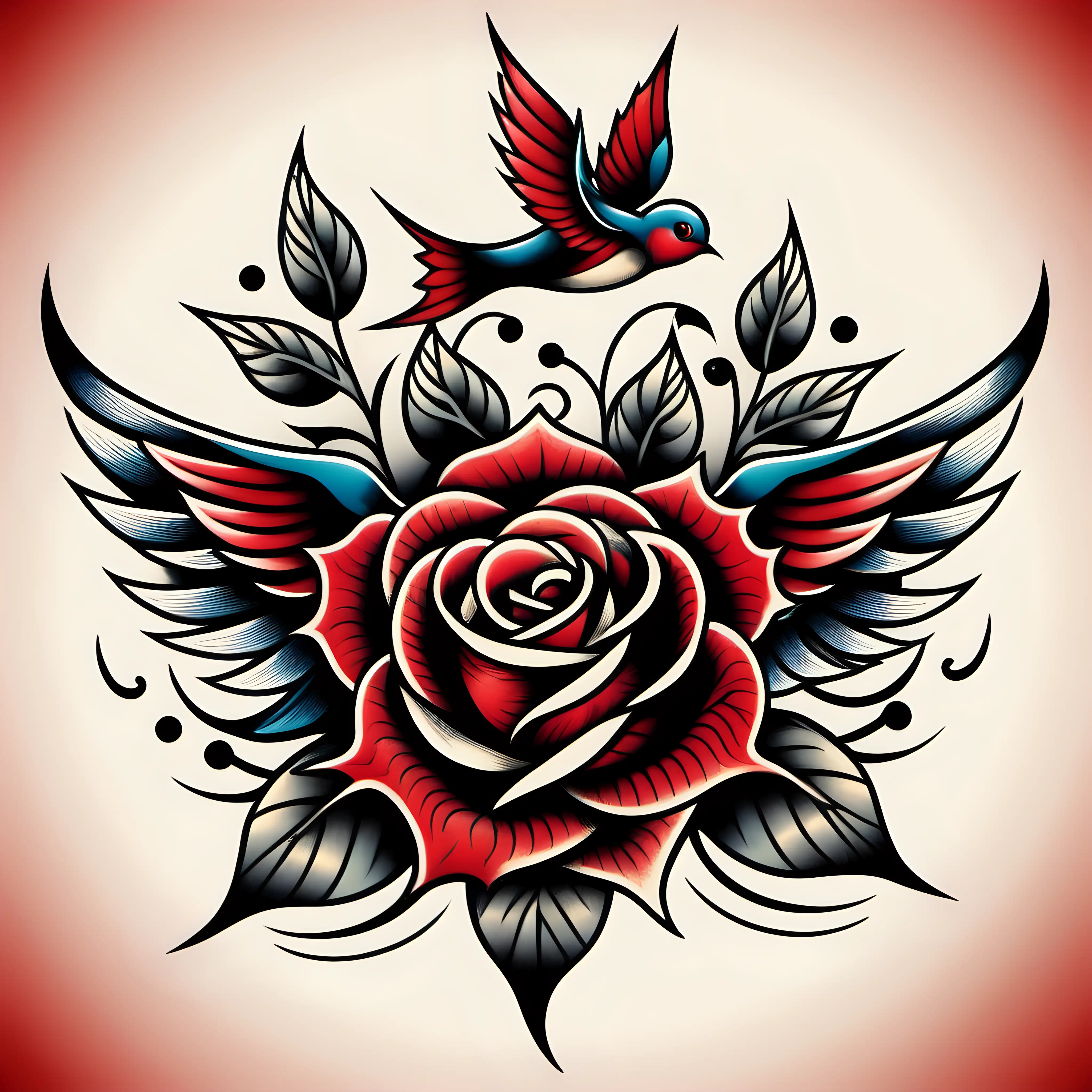 Traditional Red Rose and Swallow Tattoo Design