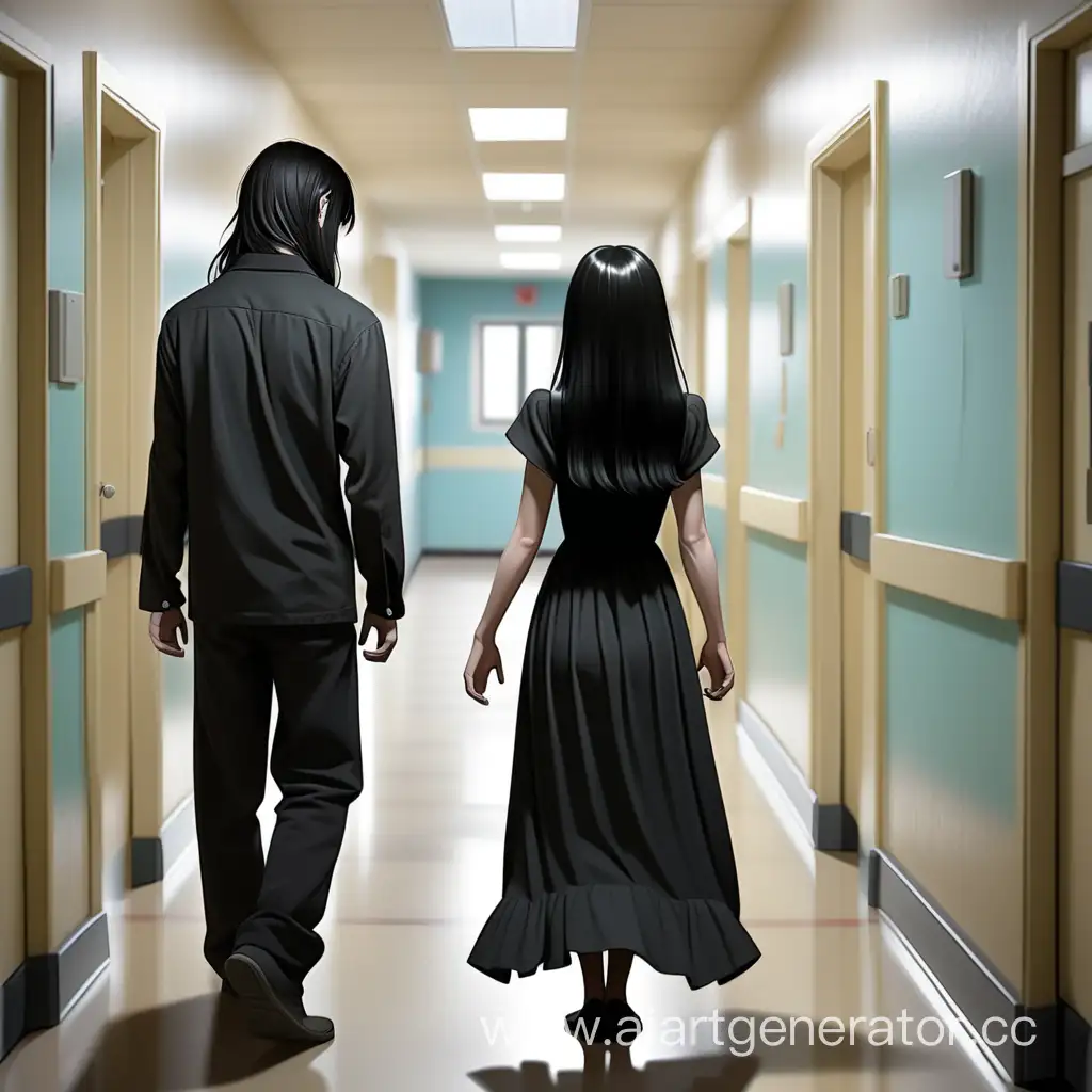 parting, separation, psychiatric hospital, hospital, girls with black long hair and short bangs in a black long dress and a guy with black long hair to his shoulders in black clothes who was put in a psychiatric hospital
