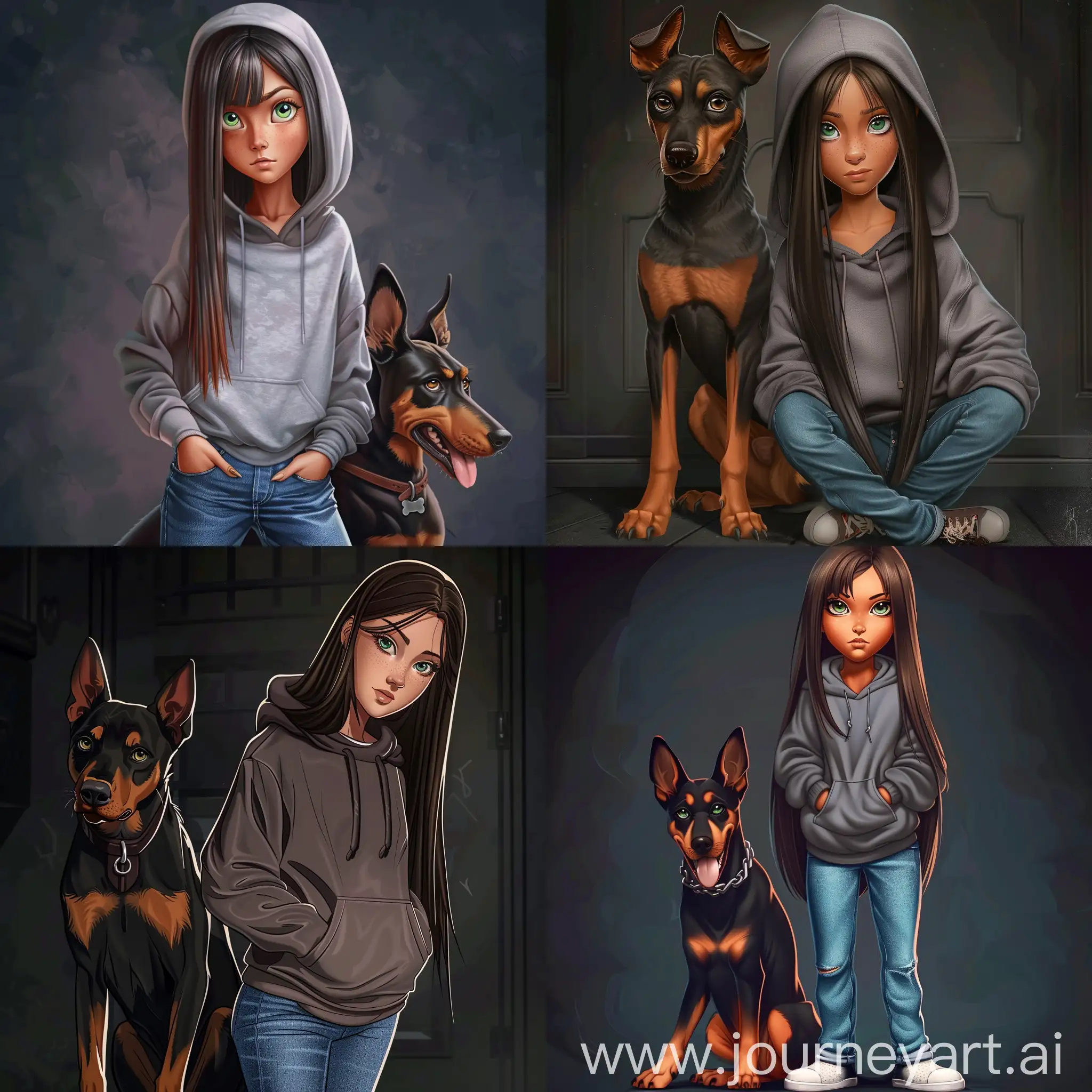 Beautiful girl, straight dark brown hair, gray-green eyes, white skin, teenager, 15 years old, dressed in jeans and an oversize hoodie, next to a doberman, high quality, high detail, dark background, cartoon art