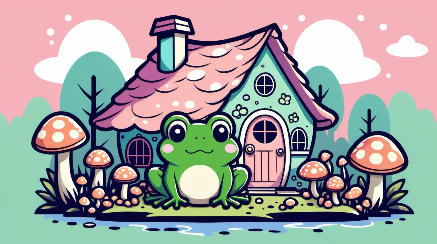 STYLE: flat vector illustration | SUBJECT: cottagecore frog with mushrooms and a little house | AESTHETIC: super kawaii, bold outlines | COLOR PALLETTE: pastels | IN THE STYLE OF: Sanrio, desktop wallpaper — niji 5 — s 50