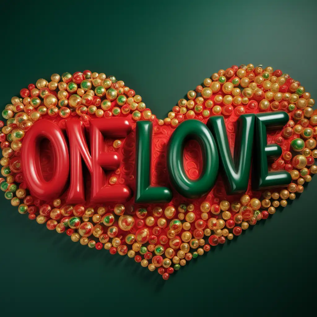 Red Green and Gold  bubble writing that says One Love