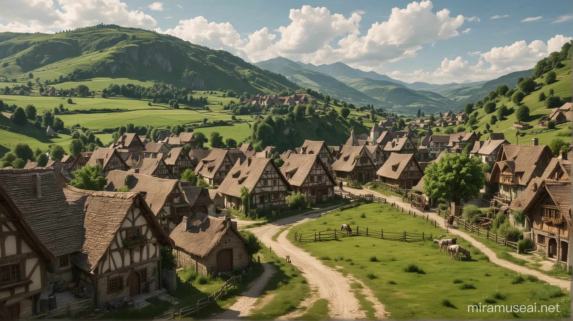 Town of Phandalin. Old Medieval style. Dungeons & Dragons. Quiet town. Carts and horses. Animals. Wood and some stone houses. Rolling green hills. No mountains Rolling green hills.