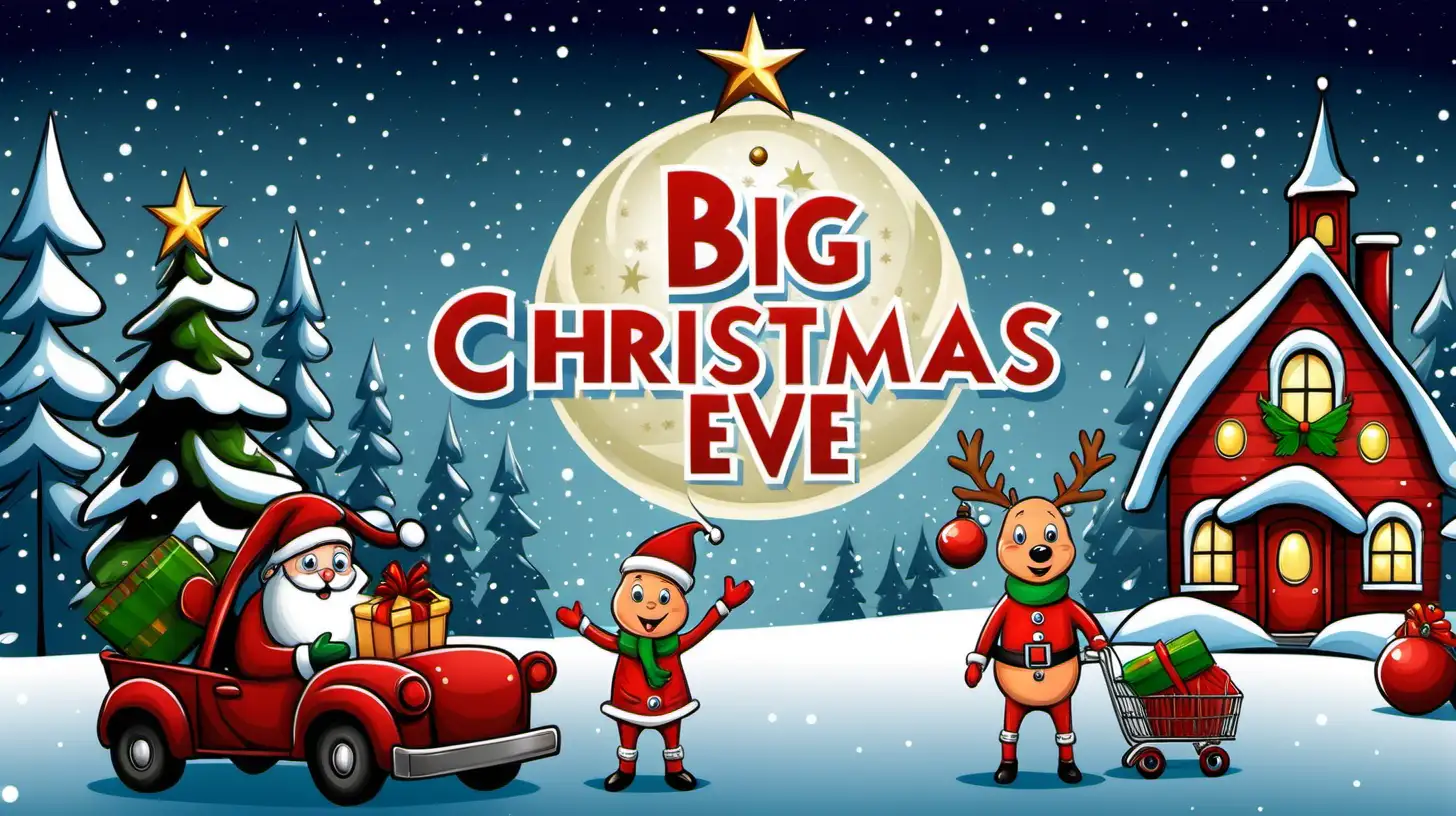 design a cartoon childrens book cover. title "Big Christmas Eve"
