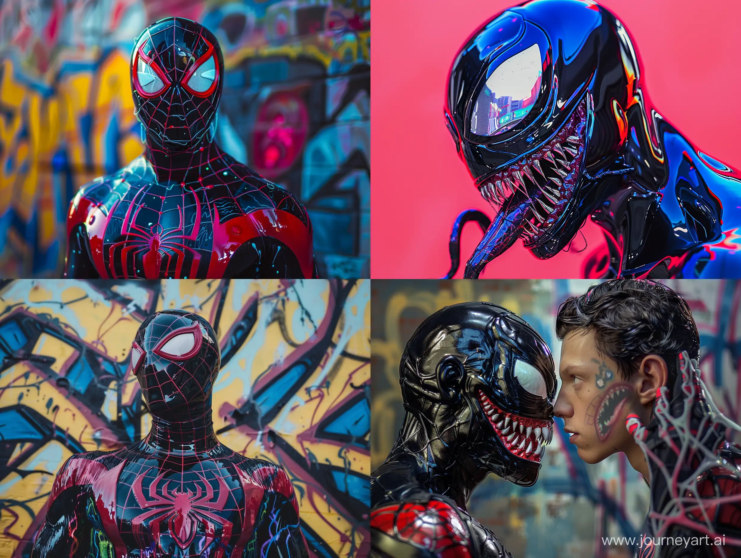 High fashion symmetrical portrait shoot in an Urban Graffiti of a Tom Holland Spider man Venom ,  in the style of curved mirrors, ultra realistic, bold, cartoonish lines, neoclassical style, chrome, holographic, filip hodas, moody color schemes, postmodern bricolage, sculptural aesthetics, anamorphic lens, hyper detailed, rainbow-core, bubblegum-core