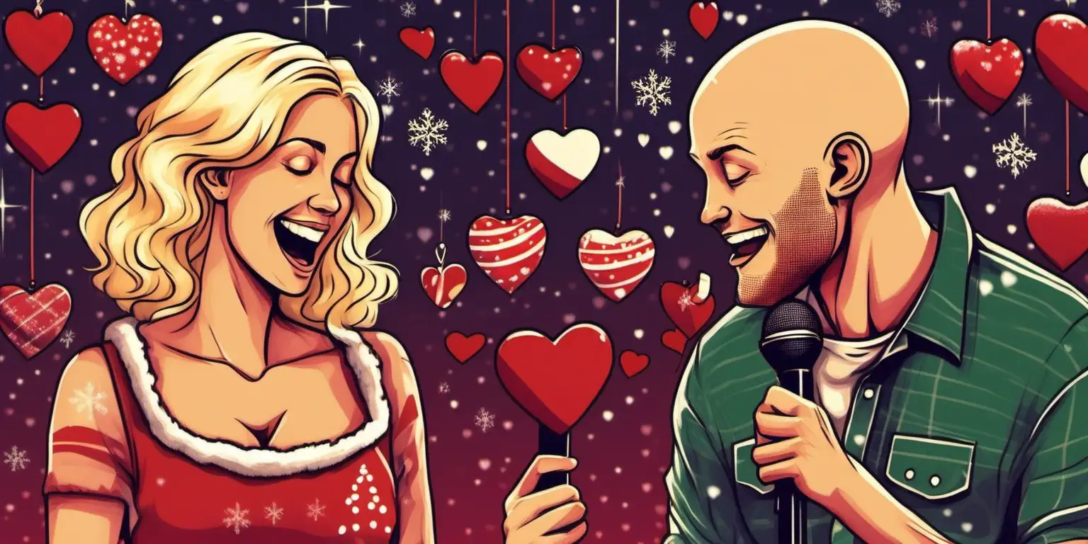 30 year old guy with no hair and a short beard. he is singing Christmas songs for his blonde female friend. It should be a lot of hearts in the picture