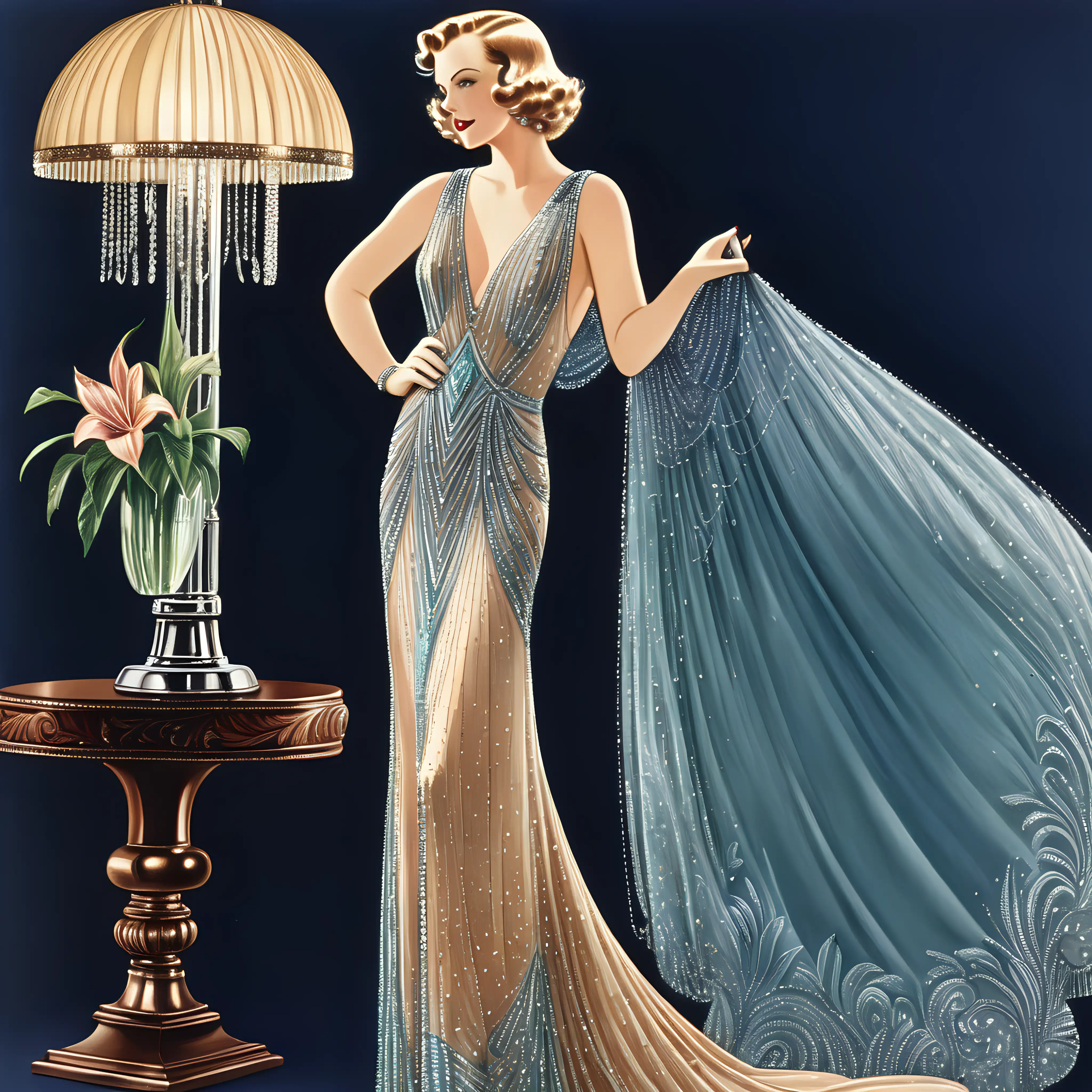 Elegant Woman in 1930s Hollywood Evening Gown with Intricate Beading
