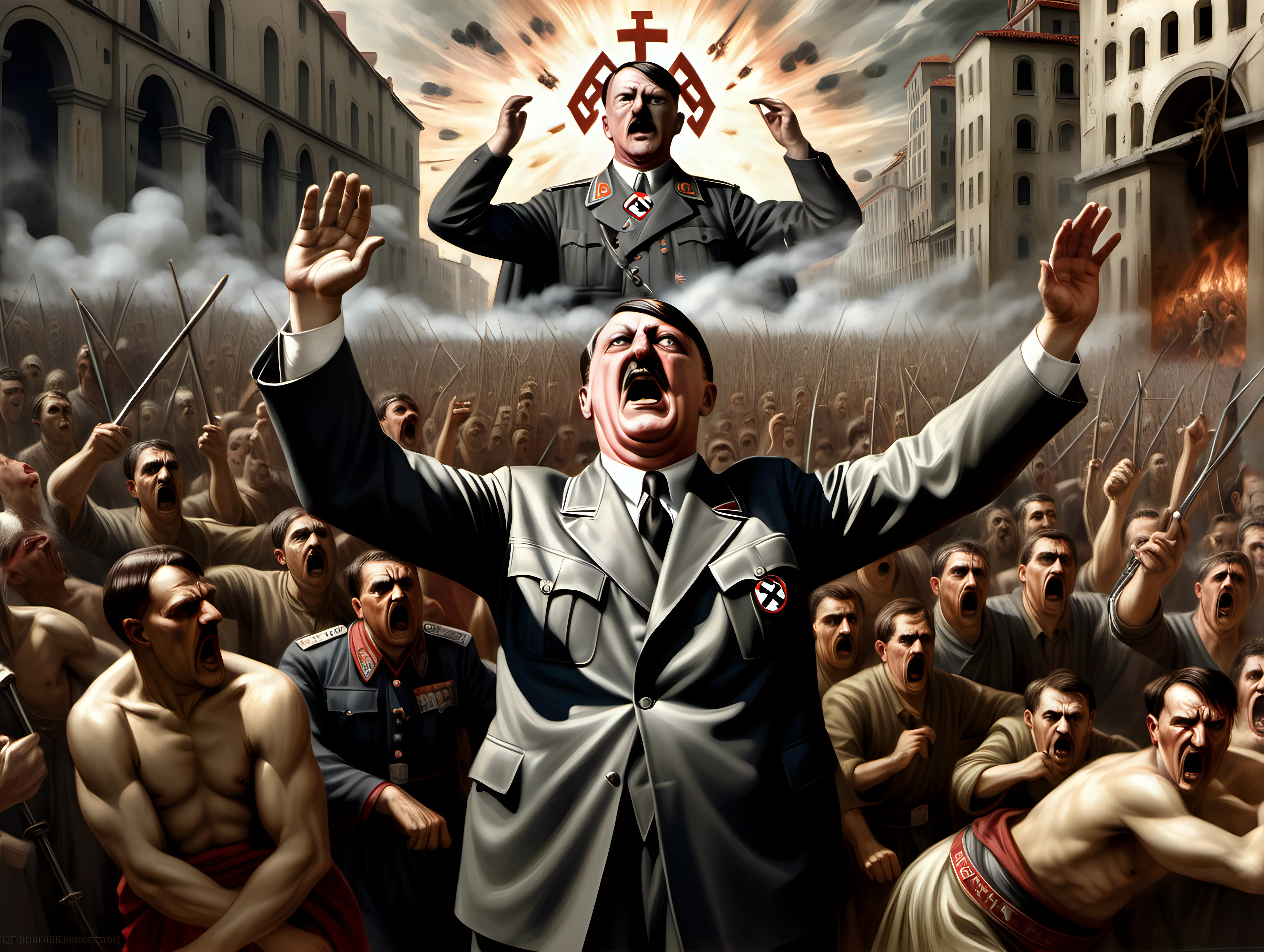 hitler tormanting  a urban chaotic world with his orders Byzantine iconography