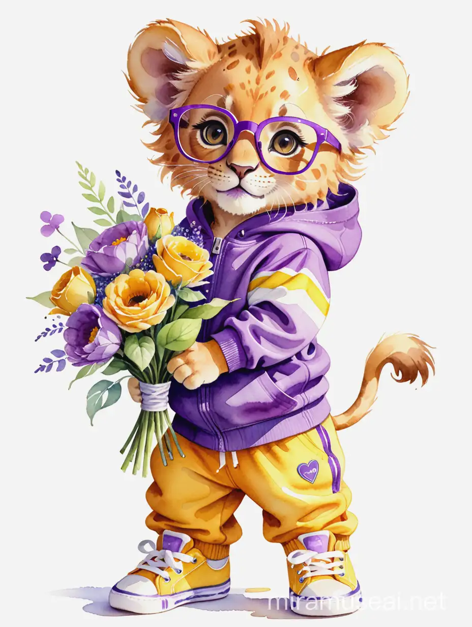 Маленький львёнок в жёлтых кедах, в спортивном костюме, в фиолетовых очках, букет цветов, белый фон, акварель