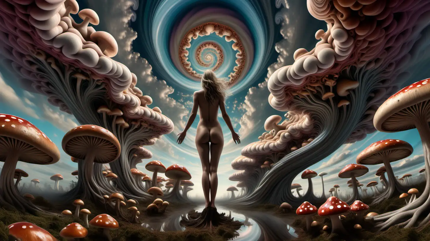 Psychedelic fractal sky with swirling fluid , mushrooms extending from the ground up to the sky on right and left, nude female figure standing in center facing the sky, hyper realistic, moody and euphoric