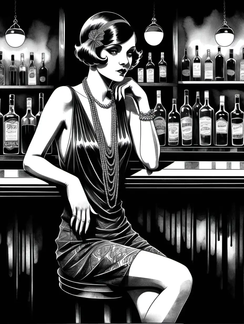 ink drawing of a  Lady in a style of 1920's, sitting in a bar. black and white only. very moody. very dark.