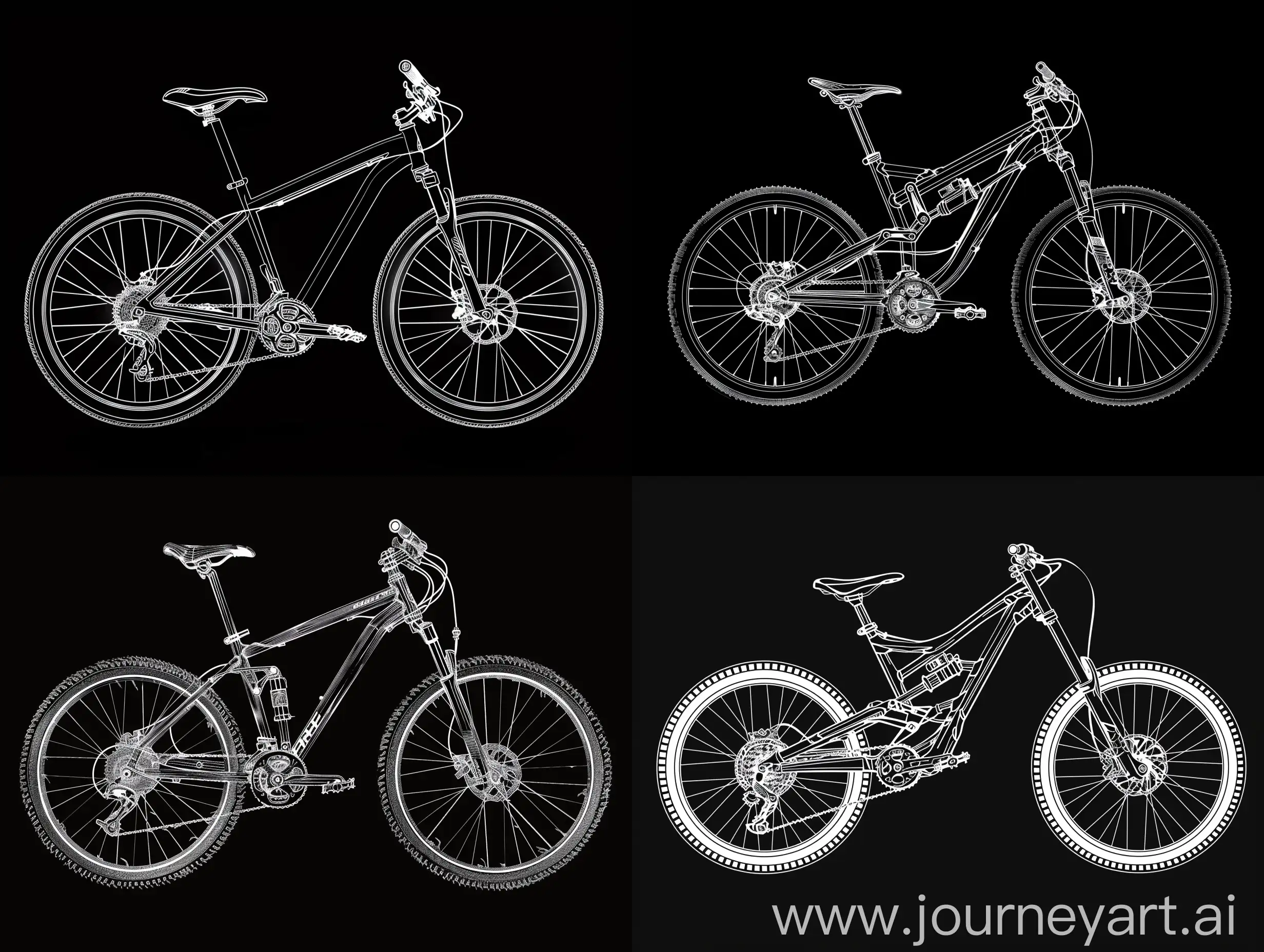 bicycle mtb, black background, vector stile white lines