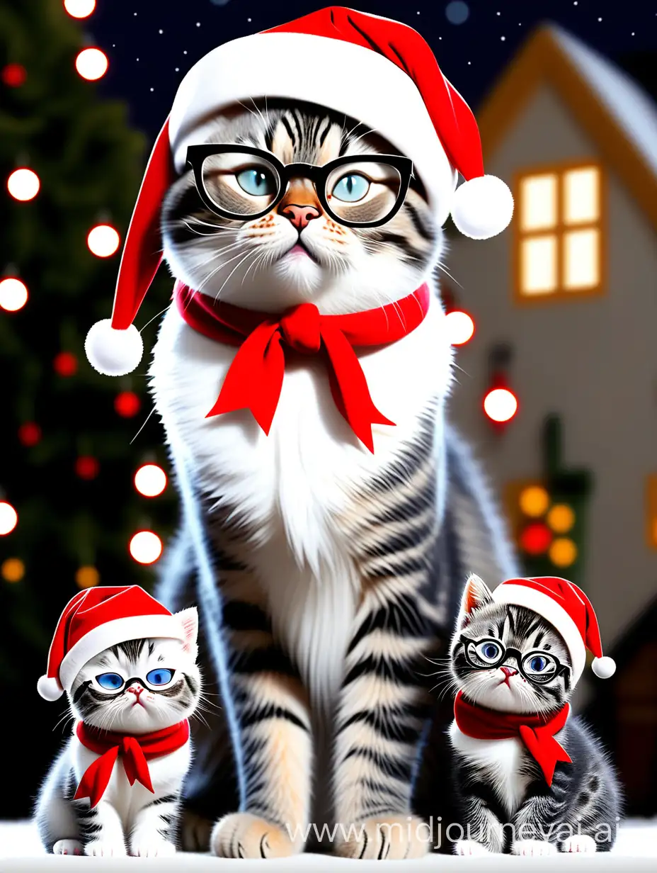 christmas greetings christmas eve christnmas lights one big mother cat with thick glasses on and two kittens without glasses
