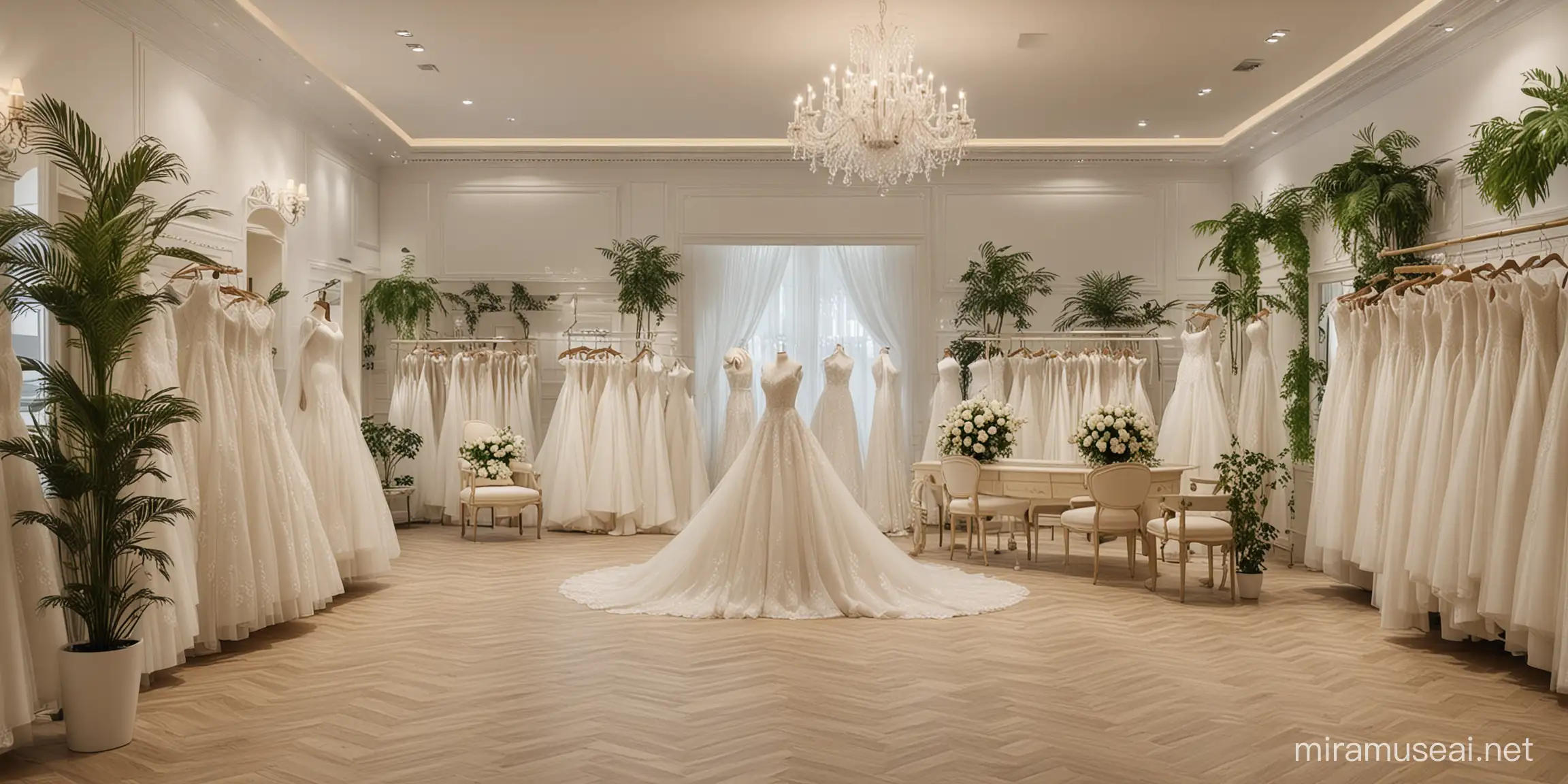  realistic luxurious  Elegant & Classic Wedding Dress Store Design
need a welcome desk area
need a seating area
need an area that we need to use for photo of the bride purchased the gown.
enhance current area for fittings.
can move or build more dress hangers.
with small plants