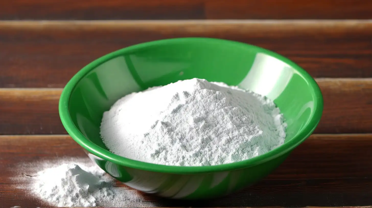 green bowl with baking soda powder on wood floor close up