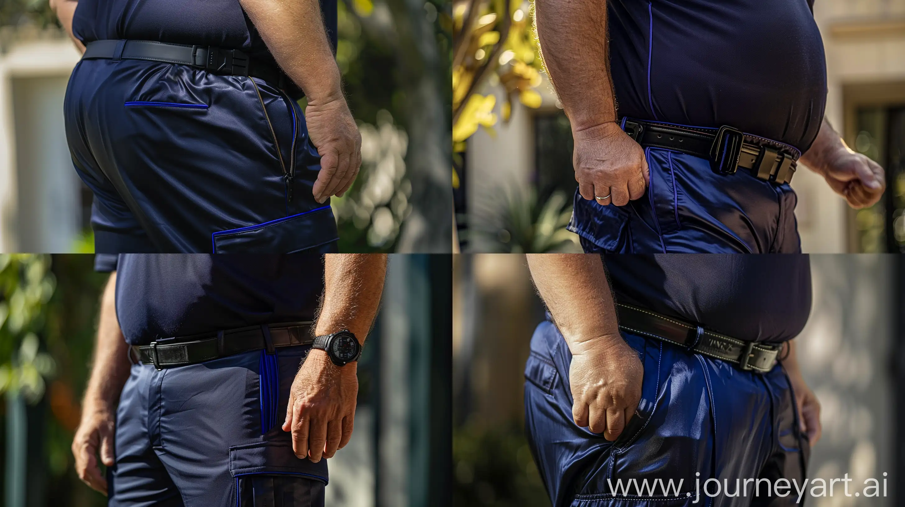 Close-up photo of a fat man aged 60 wearing silk navy blue cargo pants. Thin vertical royal blue piping on the legs. Tucked in silk navy polo shirt. heavy black tactical belt. Running. Natural light. --ar 16:9