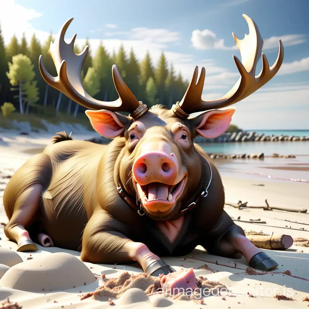 crossbreed between moose with horns and pig, lying on the beach